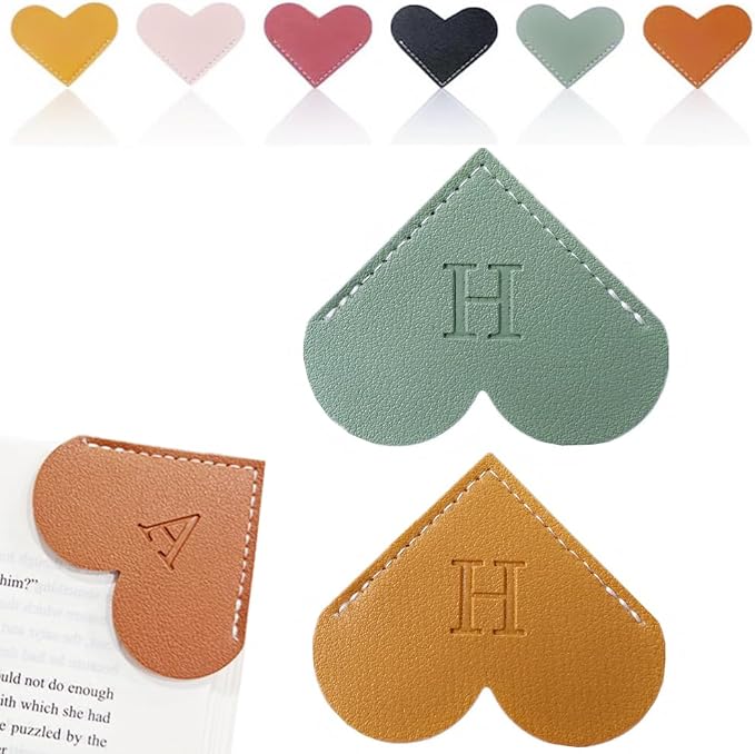 Personalized Leather Heart Bookmark, 26 Letters Customized Corner Book Mark for Reading Women, Book Marker with Initials，Cute Gifts (Green+Light Brown, H)
