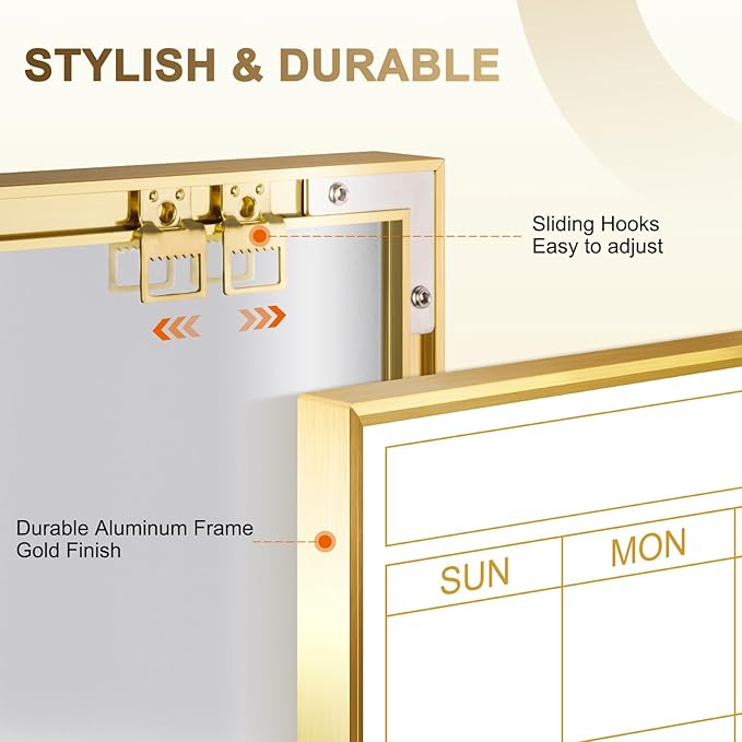 Large Dry Erase Calendar Whiteboard for Wall, 36'' x 24'' Monthly White Board Planner with Gold Frame and Corkboard, Magetic Hanging Wipe Board for Home Office School Dorm