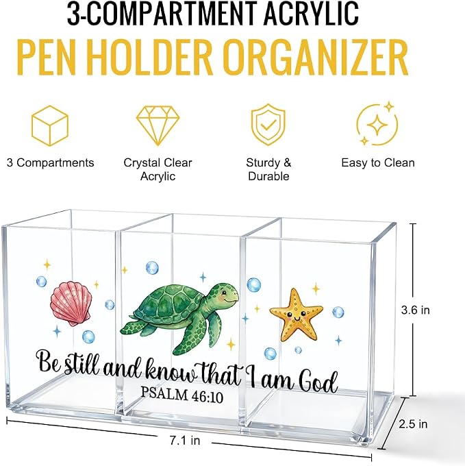 Sea Turtle Seashell Starfish Acrylic Pen Holder for Desk, Be Still And Know That I Am God Christian Bible Verse Desk Organizer for Office Home, Back to School Gifts Sea Turtle Gifts for Women
