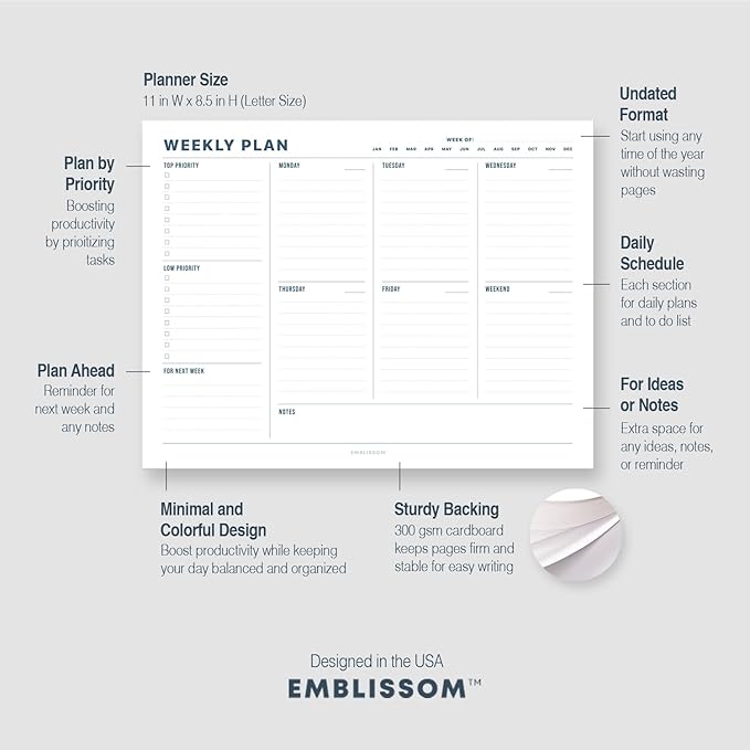 Weekly Planner Notepad, 8.5 x 11" Tear-Off Pad – 70 Undated Sheets, Daily Schedule Deck Organizer with Priorities, To Do List & Checklist for School, Work, Home (White, Minimalist, 2 Pack)