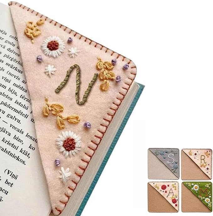 Personalized Hand Embroidered Corner Bookmark, 26 Letters Cute Flower Embroidered Corner Bookmark Embroidery Book Marker Clip for Book Lovers Bookmarks for Reading Lovers Meaningful GIF (Spring, N)