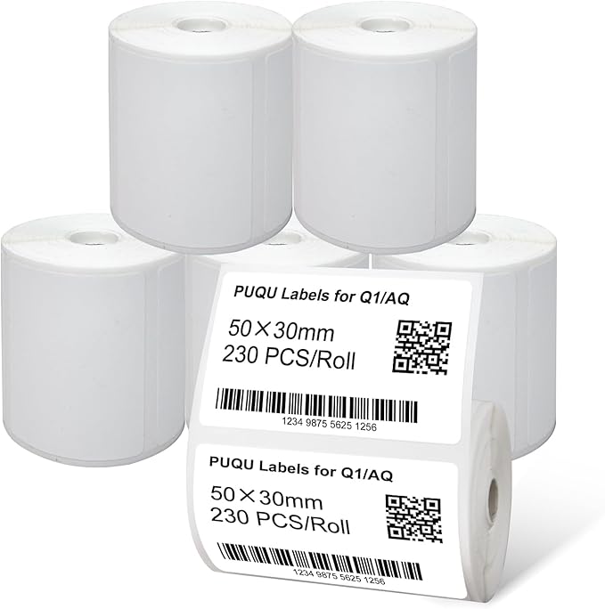 PUQU 50x30mm Direct Thermal Sticker Labels, Self-Adhesive All-Purpose Label Maker Tape, Compatible with AQ/Q1 Series Label Printer, Refills Standard Laminated Office Labeling, 6 Rolls of 1380 Labels