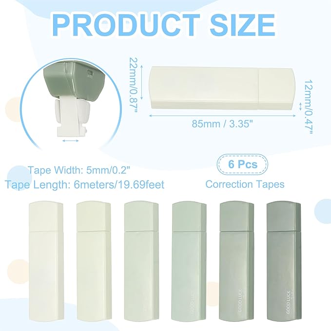 PATIKIL 6pcs 20 ft Correction Tape, Correction Tape Cute Mini Tear Resistant White Refillable Out Applicator Pen with Refills for Classroom Office Supplies Home Writing, Green
