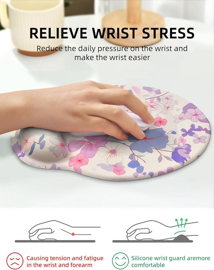 Lily Floral Mouse Pad Wrist Support Wrist Rest, Flower Ergonomic Mouse Pad with Non-Slip Base for Office Gaming Working Computers,Desk Accessories Pain Relief Mouse Mat, Purple