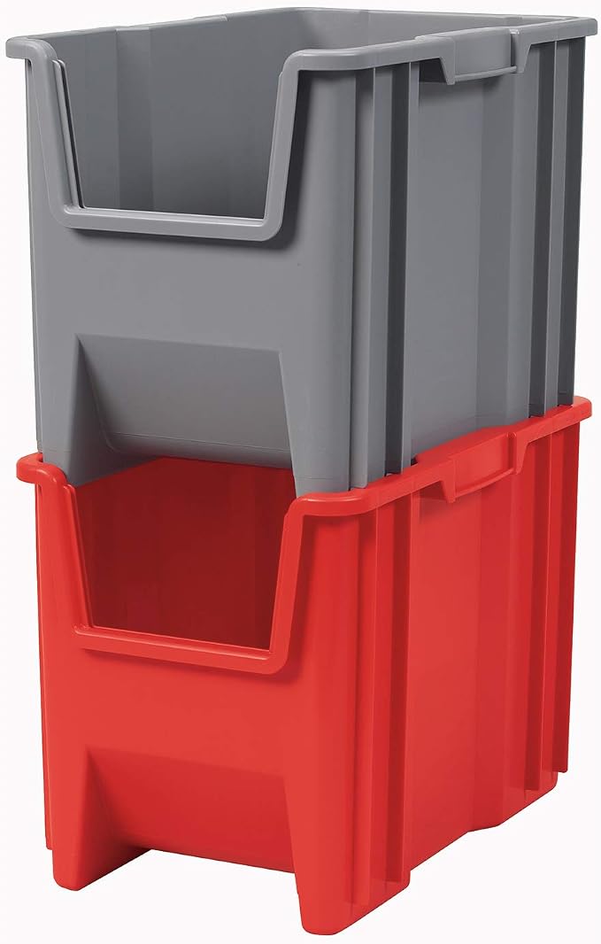 Akro-Mils 13014 Stak-N-Store Heavy Duty Stackable Open Front Plastic Storage Container Bin, (17-1/2" x 11" x 12-1/2"), Red, (4-Pack)