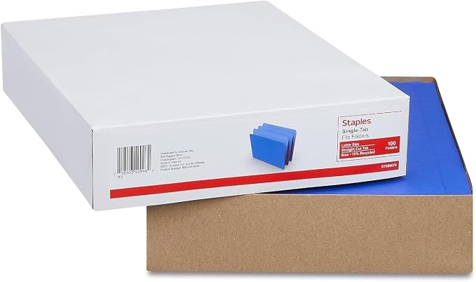 Staples Single‑Tab File Folders, Letter Size, Blue, Heavy‑Duty Paper Stock, 100/Box