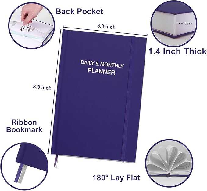 Daily & Monthly Planner for 2026 or Anytime - ADHD Planner Two Pages Per Day, Daily Planner Undated to Increase Focus, Eliminate Overwhelm, Achieve Your Biggest Goals, 5.8'' × 8.3'', Purple