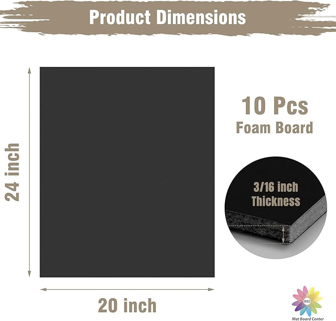 Mat Board Center, Pack of 10 Acid-Free Foam Boards, 20x24 inch Black Foam Boards, 3/16" Thick