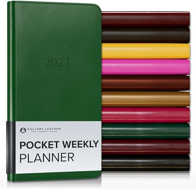 Gallery Leather Pocket Weekly Monthly Planner 2027, Elegantly Bound Calendar Planner and Notebook with Stylish Gold-Gilded Page Edges, 12 Months - Monhegan Emerald - 6x3.25"