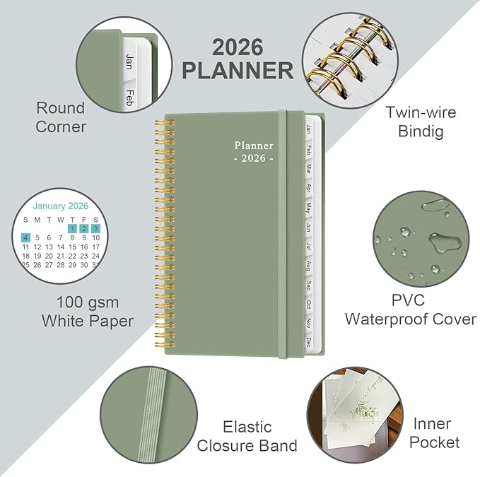 2026 Pocket Planner/Calendar - 2026 Weekly & Monthly Planner from January 2026 to December 2026, 12 Months Tabs, 3.75" x 6.75", Green