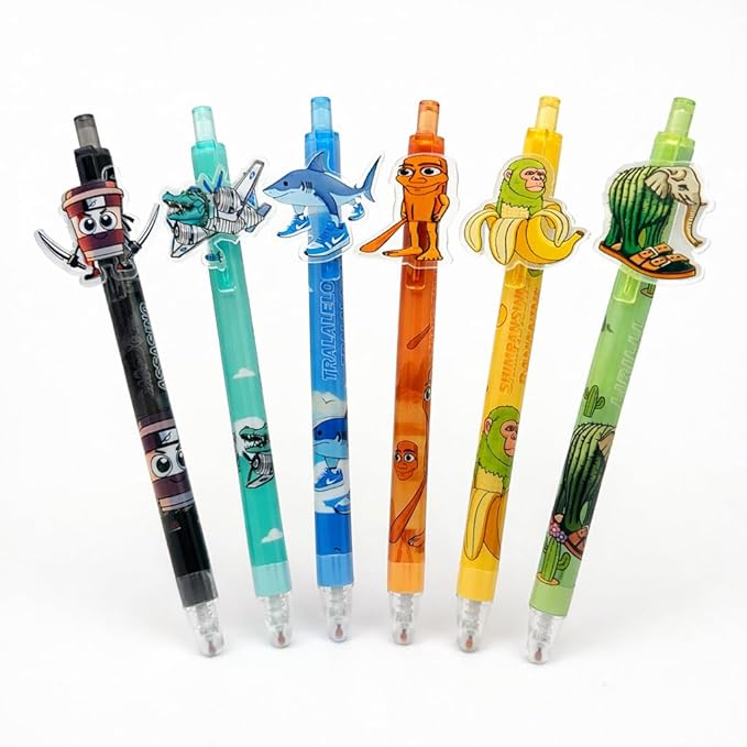 Italian Brainrot Erasable Pens, Cute Animal Ball Point Pens 0.5mm Blue Party Favors for Kids, Back to School Supplies Fun Stationary Pen Gifts for Birthday (6 Brainrot)