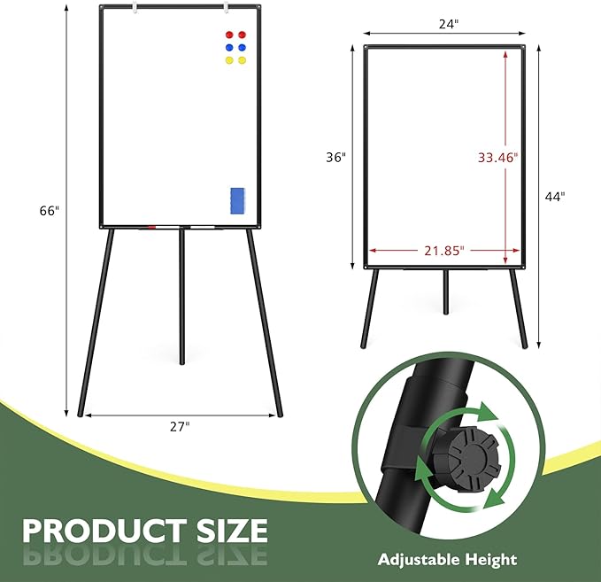 Magnetic Whiteboard Easel Stand, Dry Erase 36 x 24 White Board with Height Adjustable Tripod Stand, 3' x 2' Flipchart Easel Stand Presentation Board with Black Frame, 6 Magnets, 1 Eraser, 2 Pens