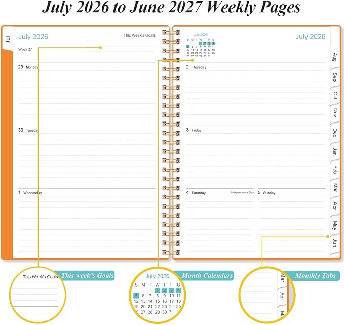 2026-2027 Planner - Planner 2026-2027 from July 2026 - June 2027, Weekly & Monthly Planner Spiral Bound with 12 Monthly Tabs, Inner Pocket, 6.4" x 8.5", Orange-A