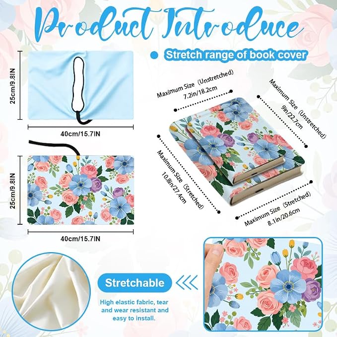 Blue and Pink Flowers Patern Stretchable Book Cover 15.7"x9.8", Elastic Washable Book Protector for Hardcover Textbooks Paperbacks, Reusable Polyester Book Sleeve for Women