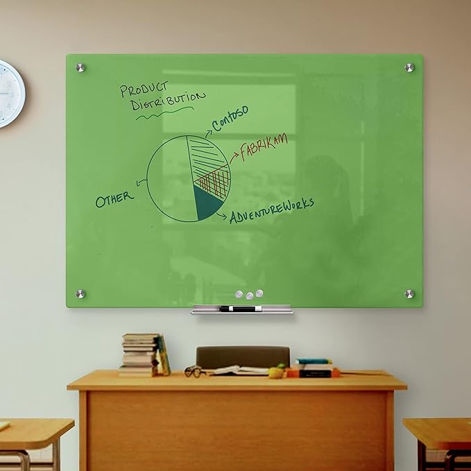 Green Surface Dry Erase Glass Board, Frameless Magnetic Glass Board for Wall (48" x 60") with Marker, Magnets, Marker Tray, Eraser for Office & Home by Fab Glass & Mirror