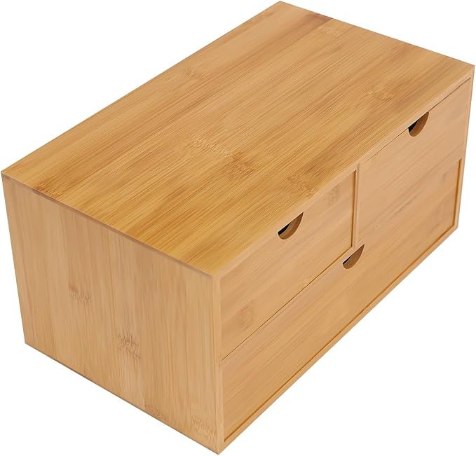 Bamboo Desk Organizer With 3 Drawers, 3 Drawers Counter Storage Countertop Drawers Box,Modern Tabletop Organizer No Assembly Required For Office Supplies, Home, Makeup And Toiletries