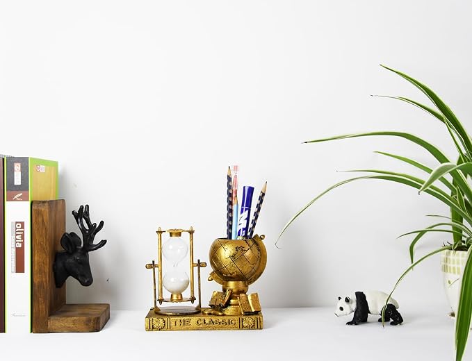 Owlgift Globe-Themed Pencil Holder with Hourglass, Resin Desktop Organizer for Office & Study, Pen Holder with Sand Timer, Classic Globe Addition Scissors Storage, Artistic Gift for Travel Lovers