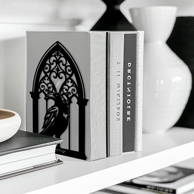 Peacoblue Metal Bookends for Shelves, Modern Decorative Heavy Duty Study Book Support Stoppers for Office, Desk, Shelf, Room 5.3"x4.3"x7.9" Cast Iron Simple Tall Bookends, 1 Pair (Gothic Crow)