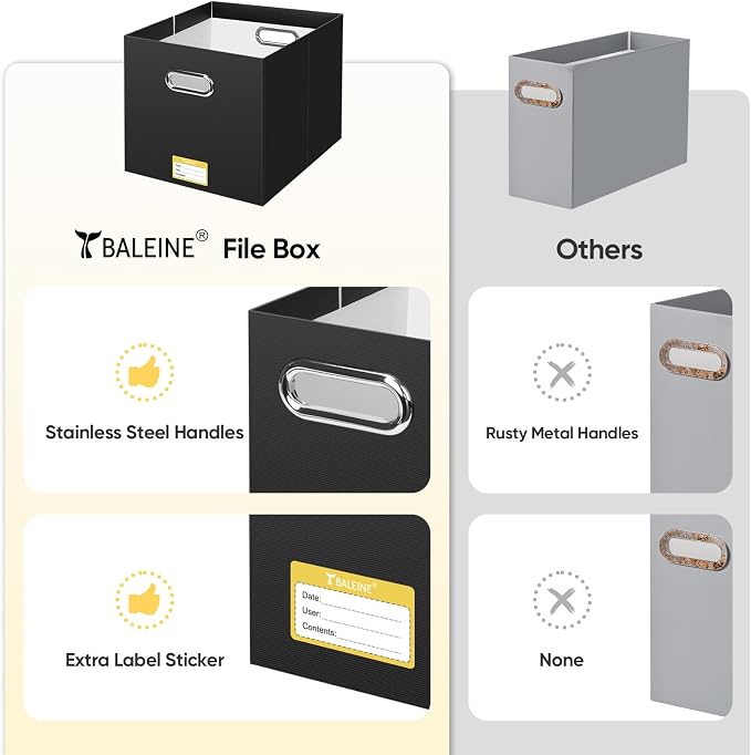 BALEINE File Organizer Box, Cardboard File Folder Organizer with Handle for Letter Size, Portable Collapsible Hanging Filing Box for Home Office Document Storage (1 Pack, Large Black)