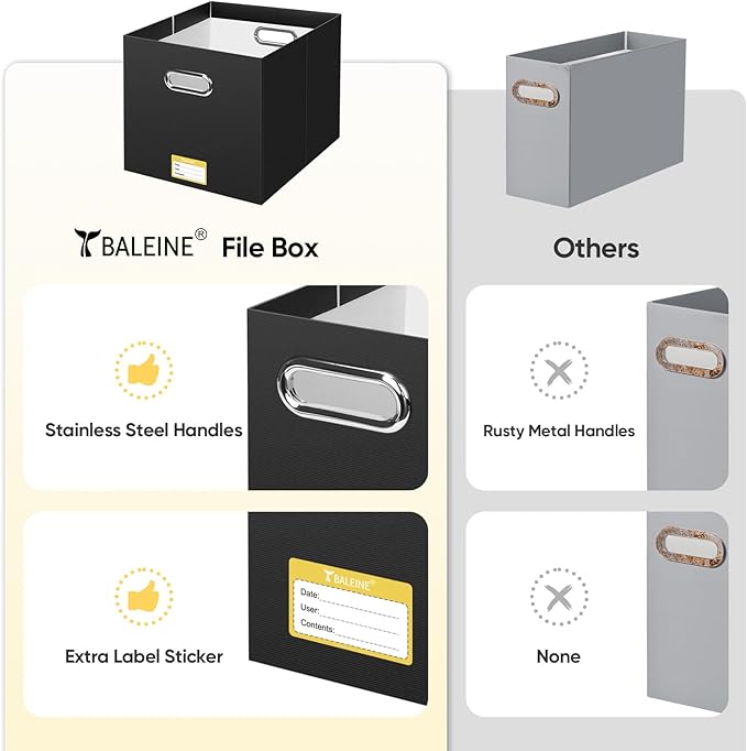 BALEINE File Organizer Box, Cardboard File Folder Organizer with Handle for Letter Size, Portable Collapsible Hanging Filing Box for Home Office Document Storage (8 Pack, Large Black)