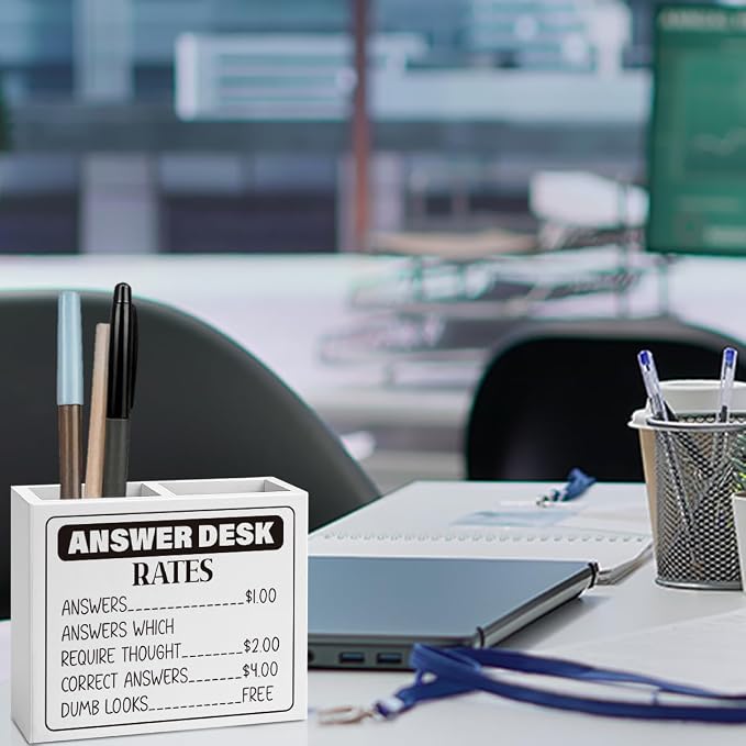 Funny Office Answer Desk Rates Pencil Holder Sign Funny Boss Gifts Office Room Decor for Women Men Teams Coworker Friend Wooden Pencil Holder Boss Day Gifts Desk Decor