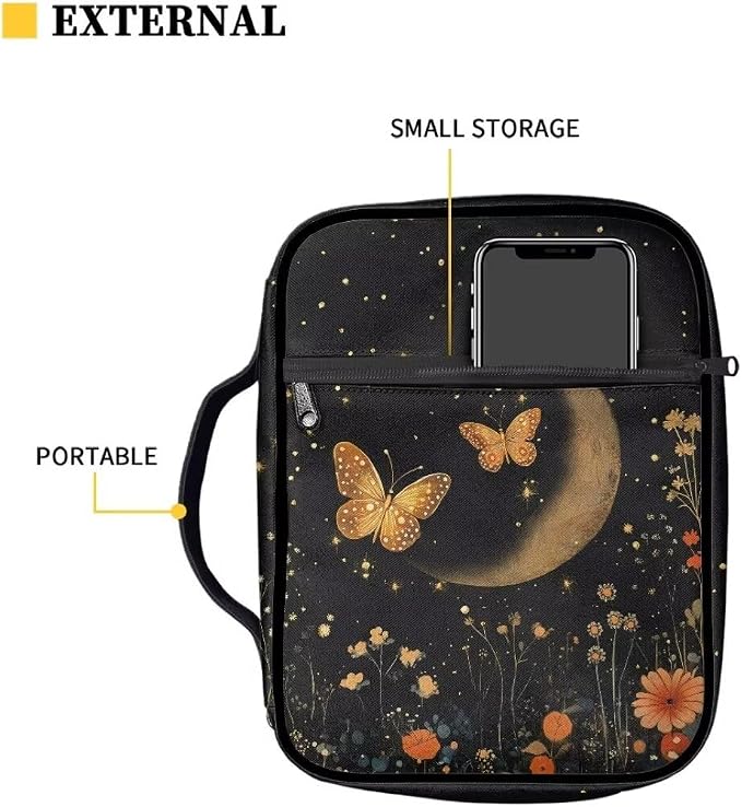 Coldinair Moon Butterfly Bible Cover for Women,Zippered Bible Carrying Case Bible Protective Bag with Handle,Floral Bible Case Holder for Girls