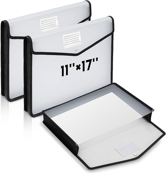 AmazingSpark 3 Pcs 11 x 17 Inch Expandable Tabloid Size Document Folder Organizers with Snap Closure & Label, Clear Plastic Expanding File Folder for A3 Ledger Size Plots Charts (Black)