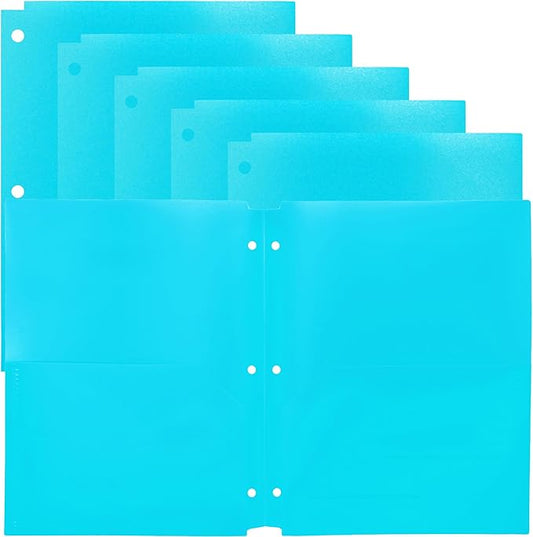 Youngever 6 Pack Heavy Duty Plastic Two Pocket Folders, Binder Dividers with Pocket, 3 Hole Punch Folder with Notches, Binder Folders (Teal)