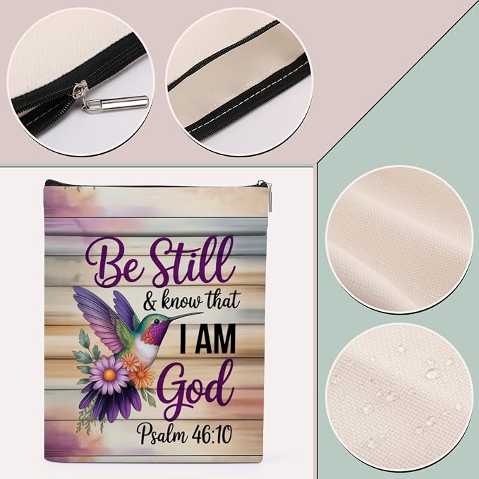 Colorful Hummingbird Christian Book Sleeve, Book Lovers Gifts Sleeve with Zipper & Front Pocket, 11.4x8.8 Inch Canvas Books Cover Protector Bookish Bible Gifts for Readers Librarian Women Teacher