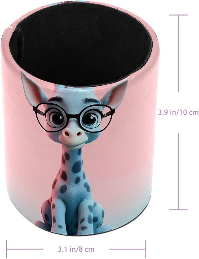 Leather Pen Holder for Desk, Cute Giraffe Makeup Brushes Holder Pencil Cup Multifunctional Desktop Organizer Caddy for Home School Office Desk Accessories