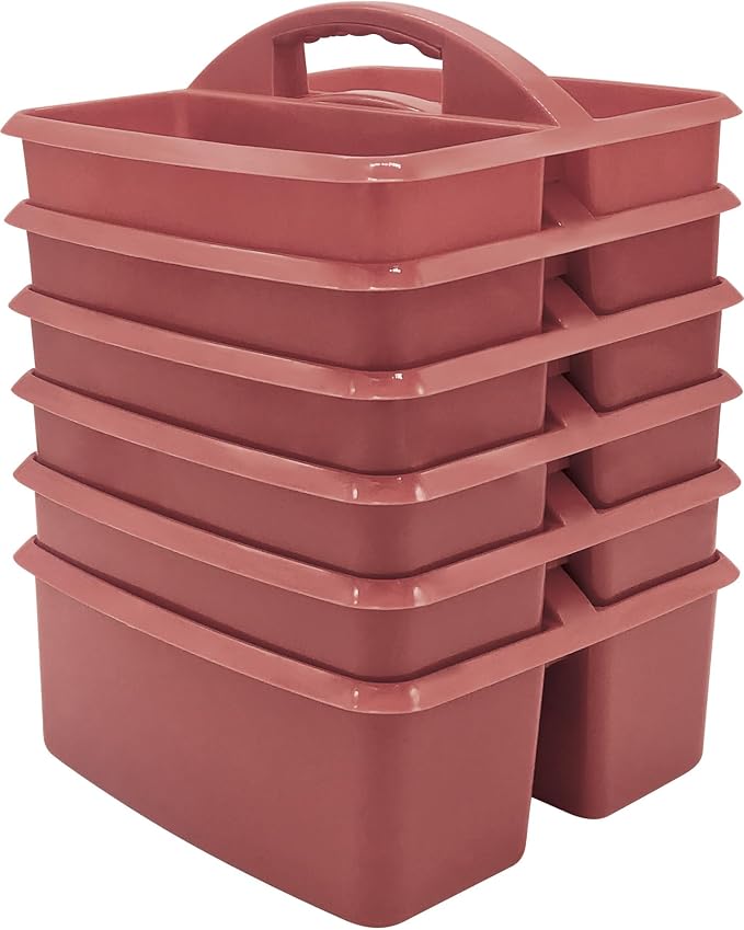 Teacher Created Resources Deep Rose Portable Plastic Storage Caddy 6-Pack for Classrooms, Kids Room, and Office Organization, 3 Compartments