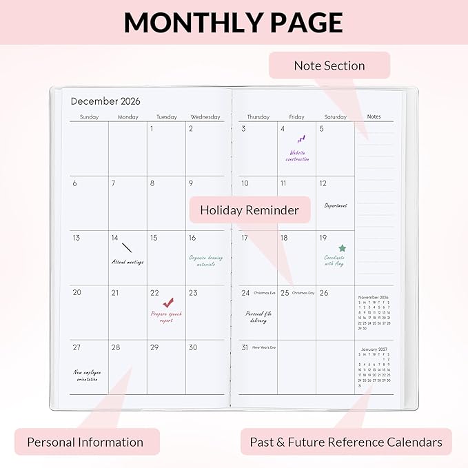 KONVINIT Pocket Calendar 2025-2027, Pocket Planner 2026-3.7" x 6.7" - Runs from July 2025 Until December 2027, Monthly Planner 2025-2027 with PVC Cover for Planning, Pink