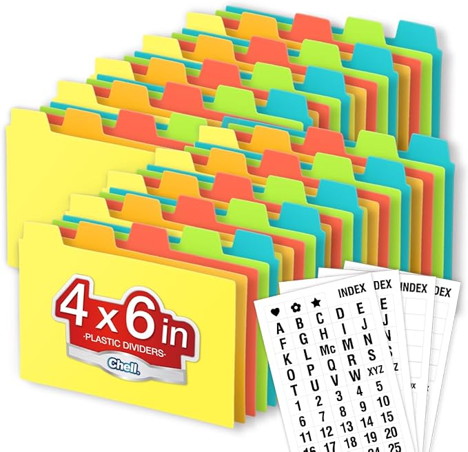 Chell 4x6 Plastic Index Card Dividers, Heavyweight Poly Index Card Guides A-Z for Flash Cards and Recipe Cards, with Alphabetical/Blank Stickers, Pack of 50