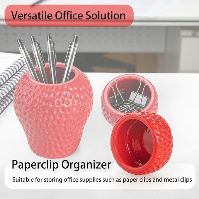 Ceramic Paper Clip Holder, Strawberry Pen Holder Set, Cute Pen Holder for Desk Storage Set of 2, Office, School, Home Decor(Red)
