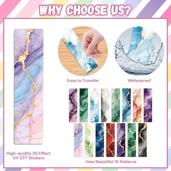 Peacoblue 30pcs UV DTF Bookmarks Transfer Stickers Wraps Marble Pattern for Women Men Reading, Waterproof Bookmarkers Decal(No Blank Bookmarks) for Acrylic Plastic Metal Blank Bookmark