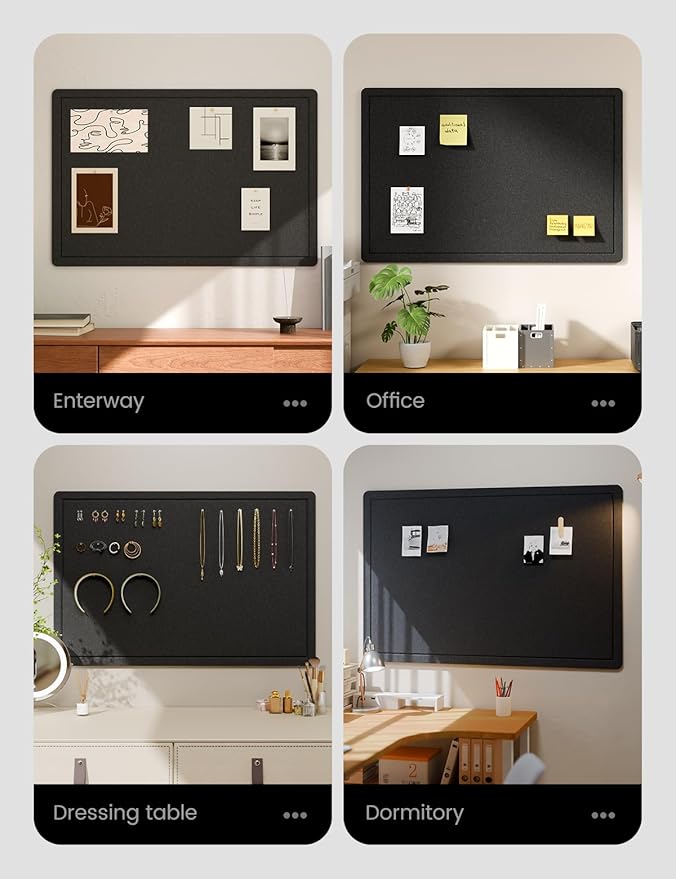 Fluxynara Bulletin Board,35.4" x 23.6" Cork Board Alternative with 12 Safe Removable Adhesive Tabs, Foldable Felt Pin Board for Home Office, Classroom, Bedroom,Entryway for Walls—Black
