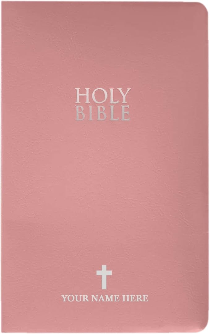 MerchSalad Personalized NIV Bible New International Version Faux Leather Holy Bible with Custom Name SMALL PRINT with Red-Highlighted Verses, Custom Gift for Christian & Religious Celebrations | Pink