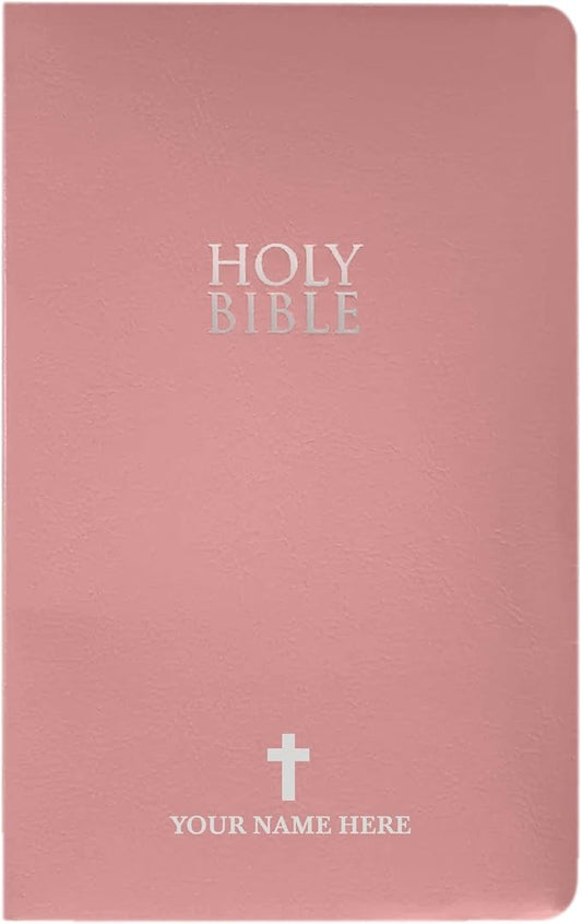 MerchSalad Personalized NIV Bible New International Version Faux Leather Holy Bible with Custom Name SMALL PRINT with Red-Highlighted Verses, Custom Gift for Christian & Religious Celebrations | Pink