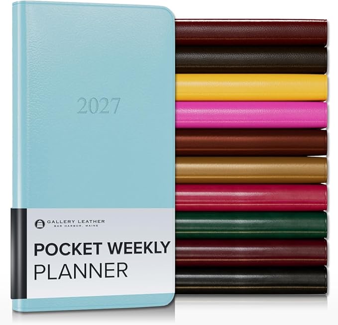 Gallery Leather Pocket Weekly Monthly Planner 2027, Elegantly Bound Calendar Planner and Notebook with Stylish Gold-Gilded Page Edges, 12 Months - Caribbean Aqua - 6x3.25"