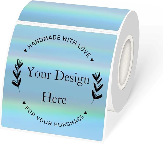 Square Thermal Labels Stickers 3" x 3", Holographic Thermal Stickers Labels, Glitter Self-Adhesive Direct Thermal Label for Small Business- Holographic Blue