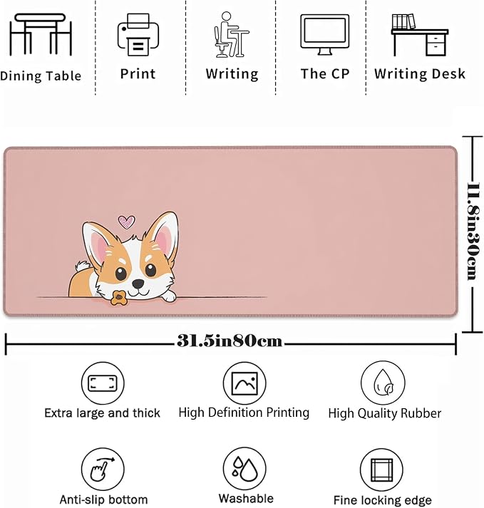 Cute Dog Mouse Pad，Pink Corgi Gaming Keyboard Mat，Laptop Computer Protector with Non-Slip Rubber Base，Large Extended MousePads Gifts for Desk Office Home，Deskmat Decor 31.5" x 11.8"