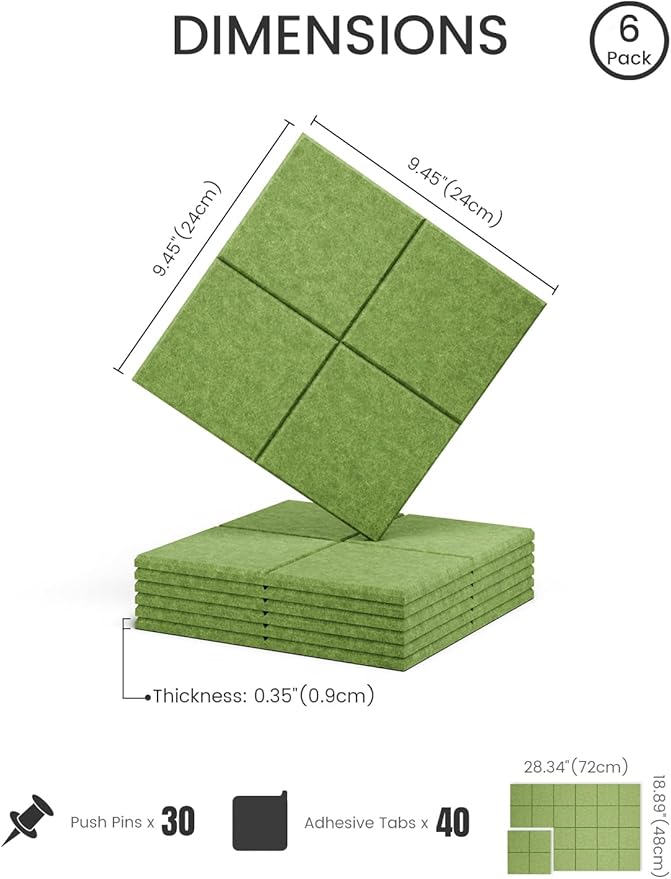 Fluxynara Felt Bulletin Board Tiles -28"x18" Cork Board Alternative for Office Decor, Push Pin Board Wall Organizer 6-Pack - Grass Green