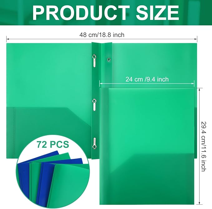 Cholemy 72 Packs Pocket Folders with Prongs Heavy Duty Plastic Folder with Business Card Slot 3 Prong Fasteners for School Office (Blue,Green)