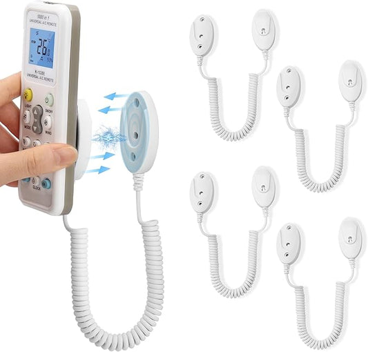 WALLFID 4-Pack Magnetic Remote Control Holders with Spring Ropes - Safely Secure Remotes & Small Items, Wall-Mount with Adhesive, Anti-Loss, Rapid Adsorption, Extendable Spring (White 70 inch，4 Pack)