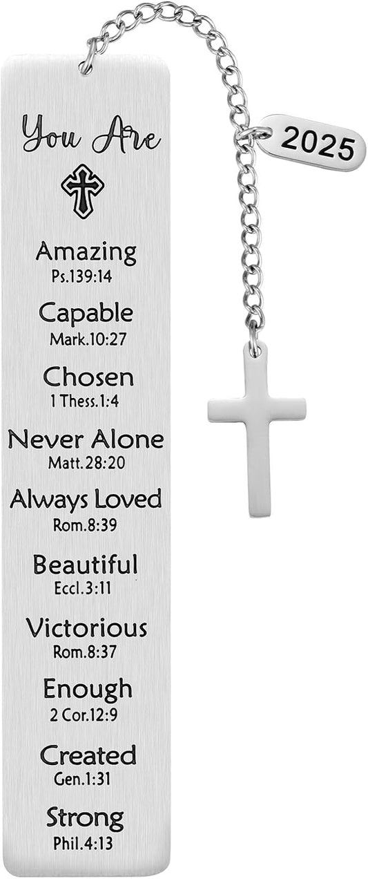 Christian Gift, 2025 Bible Verse Cross Charm Metal Bookmark for Women & Men, Faith-Based Religious Book Mark Gift for Book Lovers, Silver