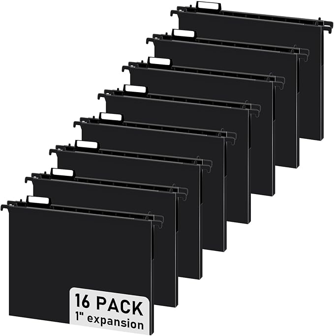 gisgfim 16 Pack Plastic Hanging File Folder Letter Size 1inch Expanding File Folders with Tabs Extra Capacity Hang Folders Heavy Duty for Filing Cabinet Designed for Bulky Files, Black