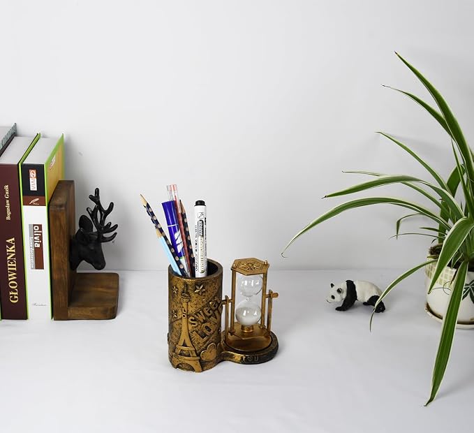 Owlgift Love-Themed Pencil Holder with Hourglass, Resin Desktop Organizer for Office & Study, Pen Holder with Sand Timer, Classic Love Addition Scissors Storage, Artistic Accessory Gift for Lovers