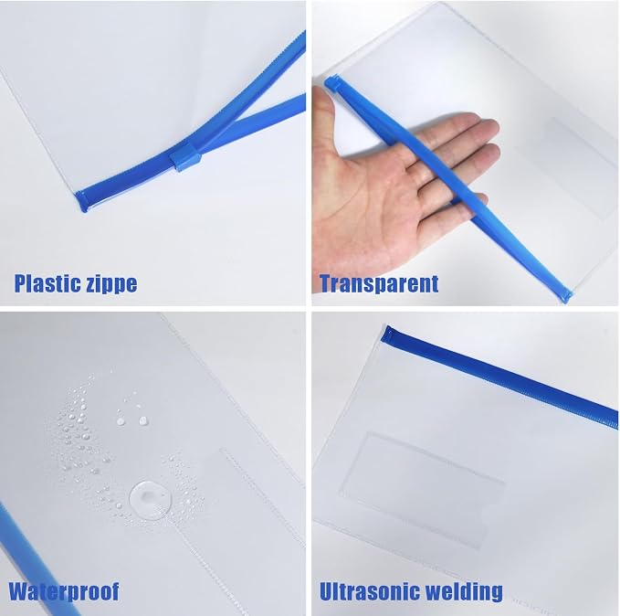 10 Pack Plastic Envelopes Pencil Pouch,Clear Pencil Bags with Zipper,10 Colors with Label Reusable Pencil Pouches for Office Supplies (A-Multicolor)