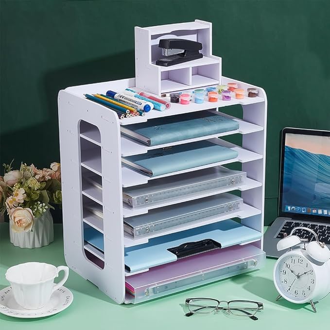 UNICRAFTALE 7 Tier Paper Storage Organizer with Small Storage Box Stackable Scrapbook Paper Organizer Plastic File Organizer for Desk White Papers Holder Organizers for Home Office 9.84"x13.38"x15.35"