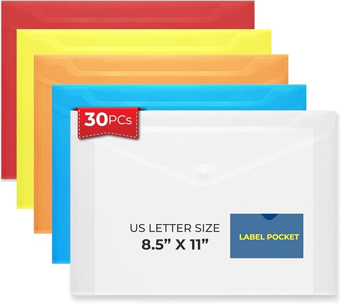FLEXOFFICE 30 Pack Plastic Envelopes with Snap Closure & Label Pocket, 5 Colors, Reusable Poly Envelopes Waterproof for A4, US Letter Size, Important Document